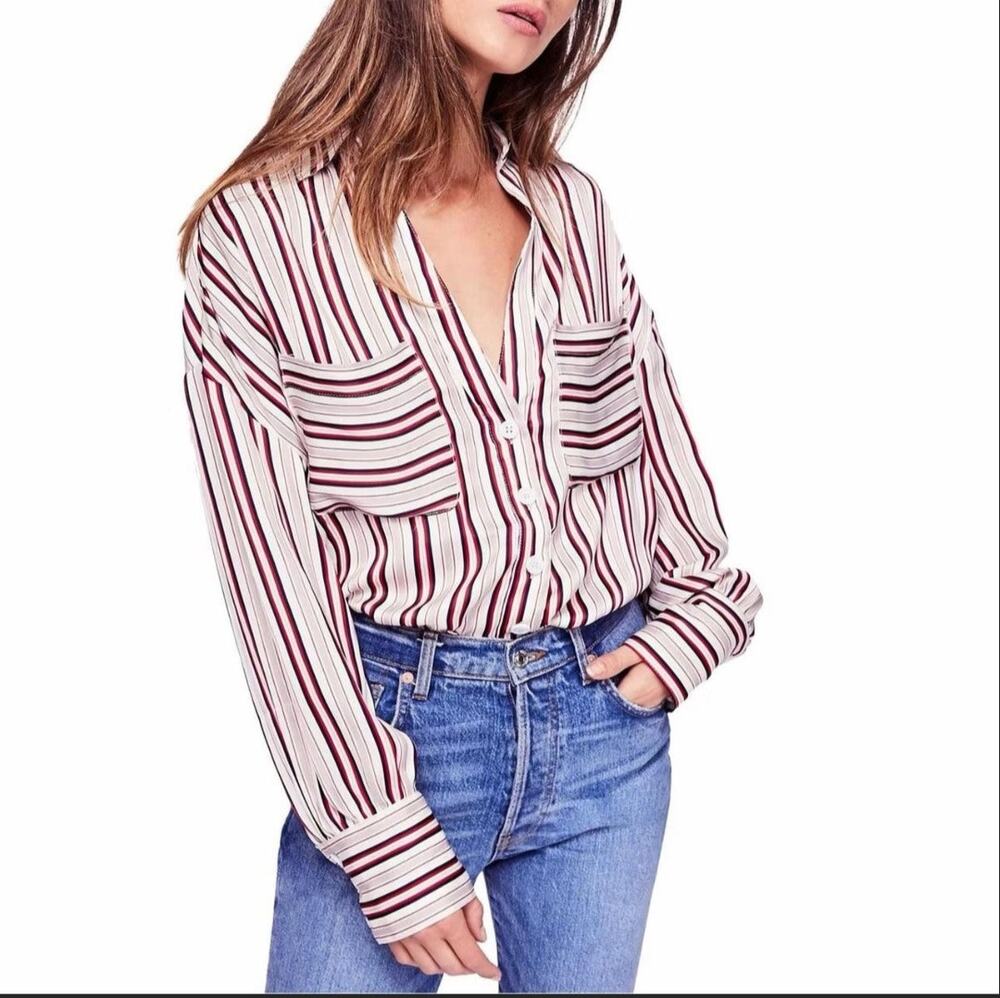 Free People Womens Striped Button Down Top Blouse Office Academia Size Small